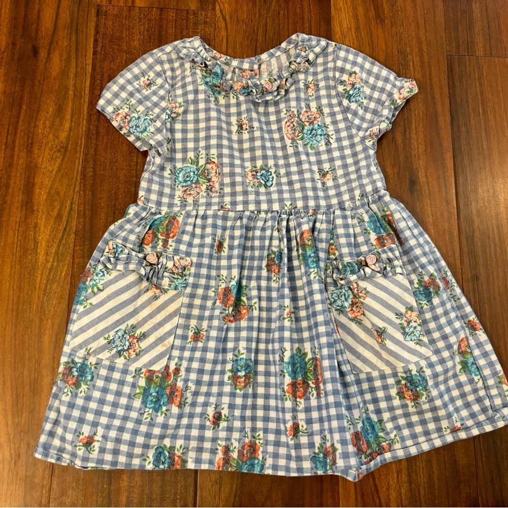 Small Steps Vintage blue/white plaid floral short sleeve dress